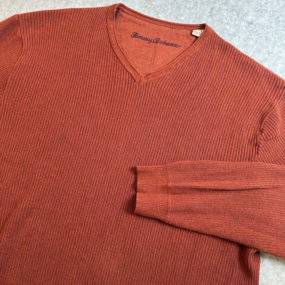 Tommy Bahama Mens Large V-Neck Cotton Rib Knit Sweater Terracotta Orange